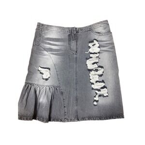 FORNARI DENIM SKIRT WOMEN'S SIZE S GREY DISTRESSED RUFFLE HEM Y2K Grunge